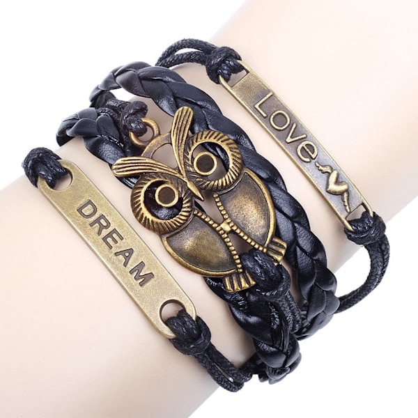 Women Bracelet PU Leather Braided Retro Owl Pendant Lady Girl String Band Bangle