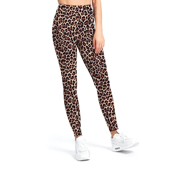 Høytaljede mønstrede leggings for kvinner - Smørmyke magekontrollbukser for trening, yoga og leopardleggings L