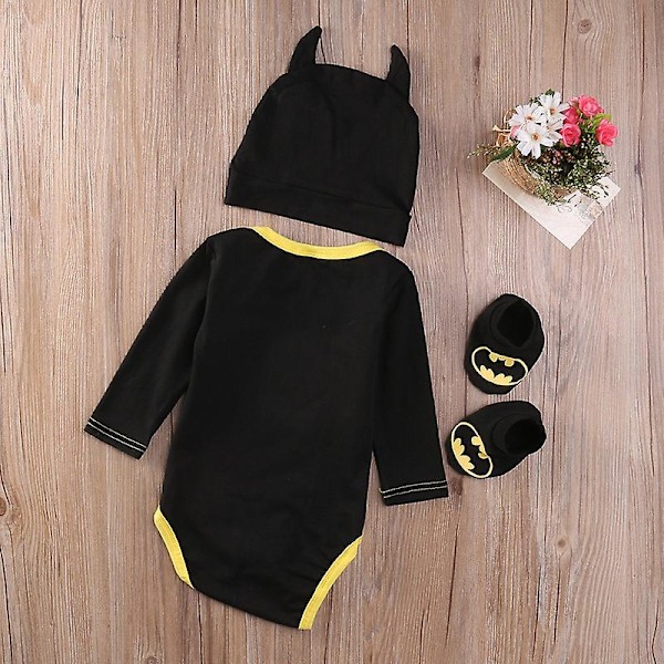 Nyfødt Baby Dreng Pige Batman Romper Jumpsuit Sko Hat Outfit Sæt-WELLNGS Langærmet Long sleeve 6-12 M