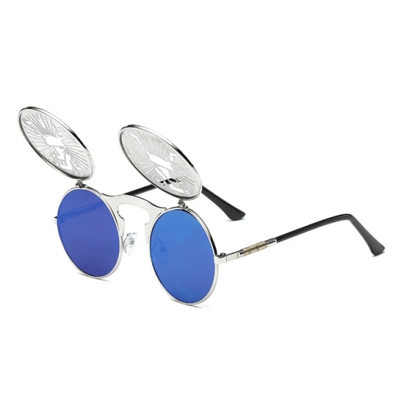 Retro Personlighed Reflekterende Nye Mænd Metal Solbriller Steampunk Flip Up Solbriller 2024 C8  Picture Color Round Sunglasses
