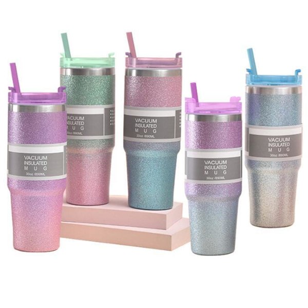 30oz rostfri tumbler, isolerad mugg tumbler med sugrör rosa blå pink blue 20 oz