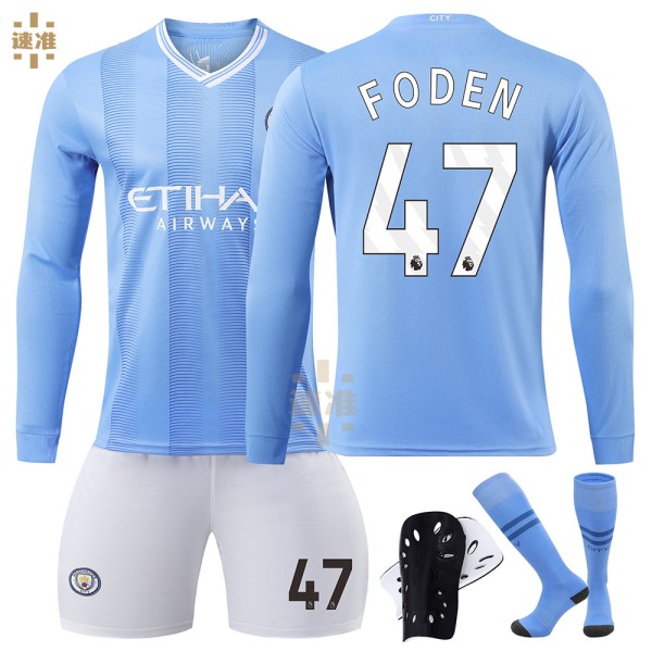 23-24 Manchester City hemma långärmad nr 9 Haaland 17 De Bruyne 10 Grealish fotbollsuniform korrekt tröja No. 47 with socks + protective gear Children's 24 code