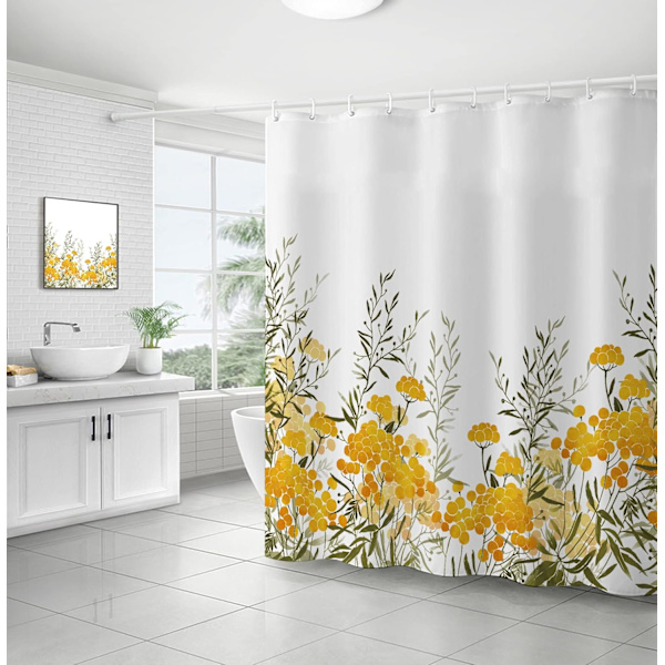 Gul Plante Stof Bruseforhæng, Bruseforhæng Badeværelse, Vandtæt Hurtigtør Polyester Stof 72\" B x 72\" L med Kroge