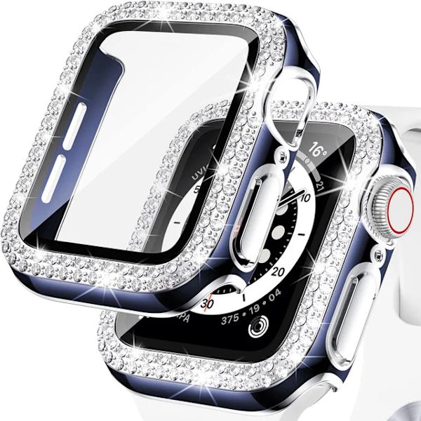 Bling Glass+ deksel for Apple Watch Case 45mm 41mm 40mm 44mm 42mm 38mm Diamant støtfanger+skjermbeskytter iwatch serie 7 9 8 5 6 SE B blå sølv B blue silver 42mm Series 321