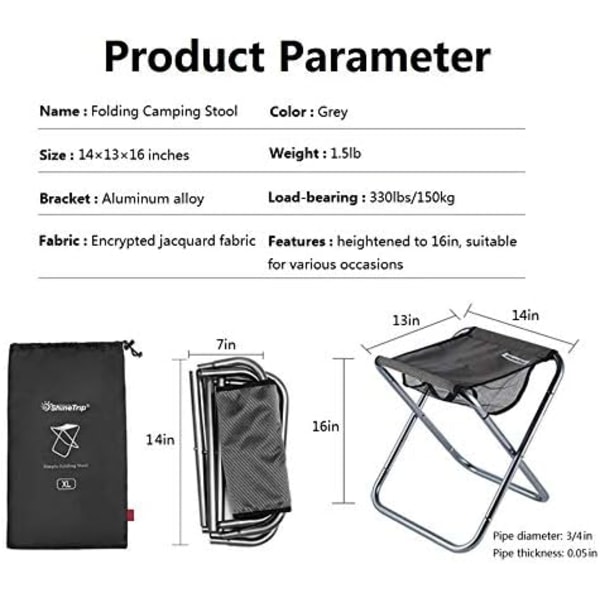 Campingstol, 16 tum hög, stor vikbar stol med bärväska, aluminiumlegeringsfäste, 1,5 kg lätt, belastningskapacitet upp till 136 kg, för resor (grå)