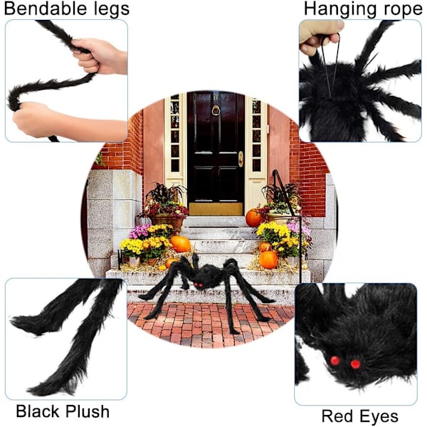 Halloween-edderkopp, 200 cm gigantisk edderkopp, Halloween-utendørsdekorasjon med 7 m trekantet nett, 20 g utvidbart edderkoppnett, 10 plast edderkopper, skrekk