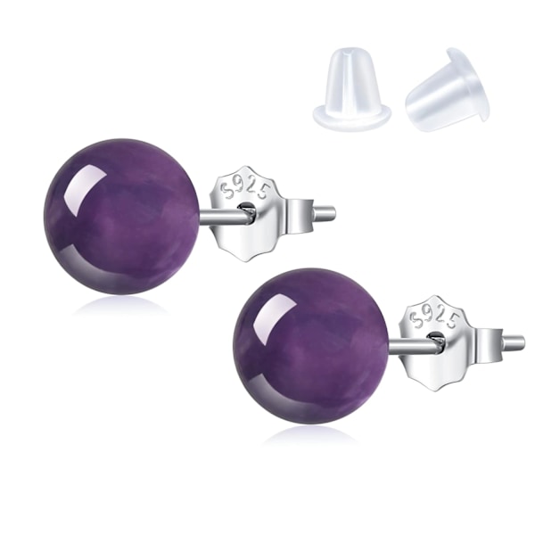 Naturlige Ametyst Øreringe Sterling Sølv - 6mm Ametyst Gemsten Stud Øreringe, Lilla Healing Krystal Øreringe Håndlavet Fødselsstein Smykke Gave