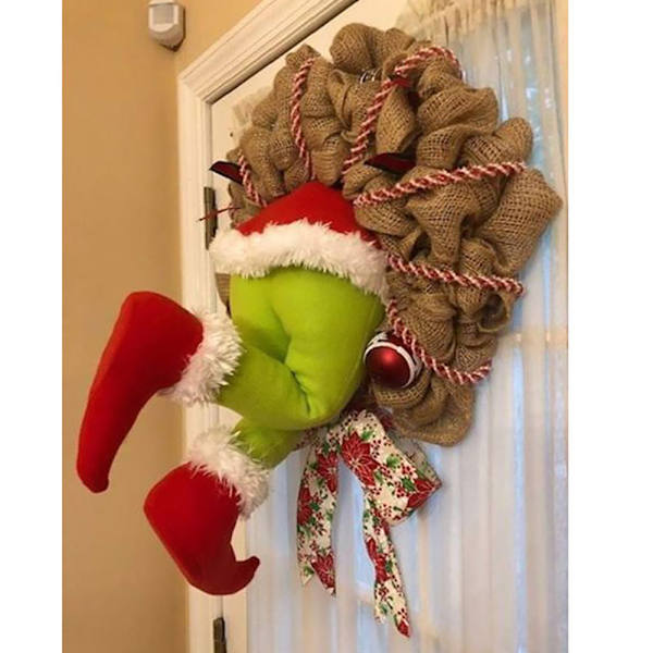 Clevoers Grinch Julekrans Dørkrans Juledekorasjon Krans Juletrepynt Grinch Stoffet Elfenben i Julekrans for