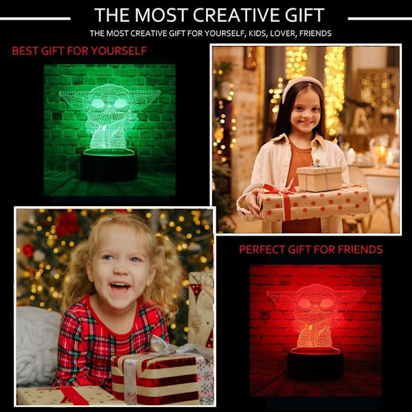 Tegneserie Darth Vader Stormtrooper Yoda Anime Figur 3D Optisk Illusion LED Soveværelse Dekoration Bordlampe med Fjernbetjening 7 Farver Nattelys-WELLNGS Yoda