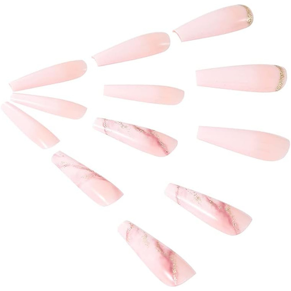Arkku Väärennetty Kynnet Marmori Pitkä Väärennetty Kynnet Kulta Kalvo Lehdistö Kynnet Ballerina Akryyli Stick Kynnet 24kpl Naisille Ja Tytöille beige