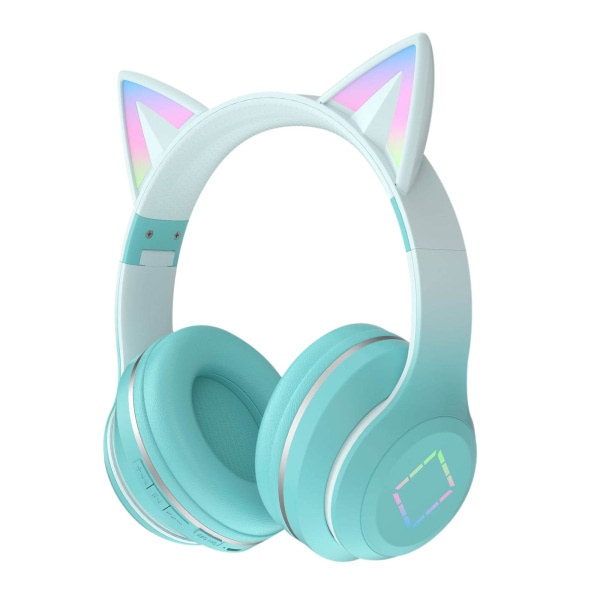 Over-Ear-hovedtelefoner til børn Trådløs Bluetooth Søde katteører RGB Foldbar lyd med mikrofon til piger Lydstyrkekontrol Headset til kvinder Green
