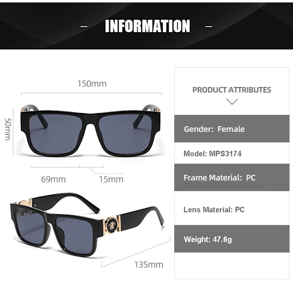 Vintage Square Brand aurinkolasit UV400-suojaus Peili Silmälasit Aurinkolasit Naiset Miehet 2024 C1 Black/Black Grey Fashion