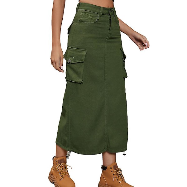 Women's Casual Jean Skirt High Waist Stretch Long Skirts Green M