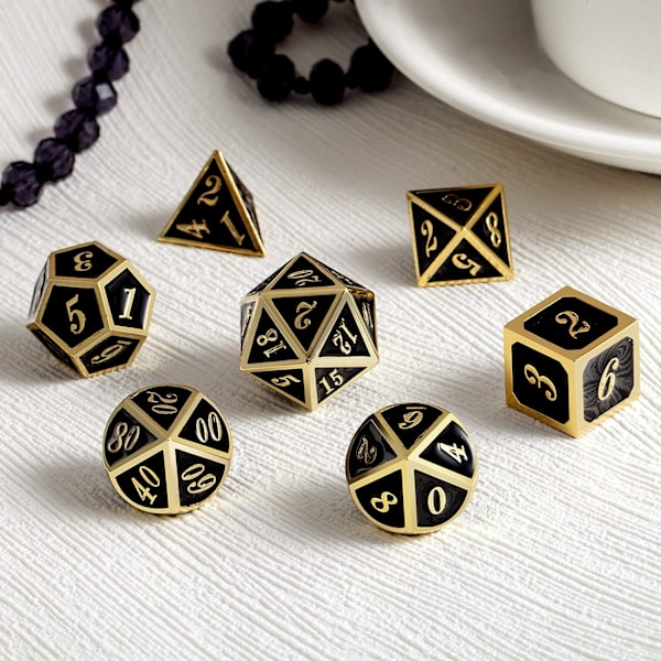 D&D Metalliset, 7-osainen Metalliset Monitahoiset Noppaset (Musta ja Kulta)