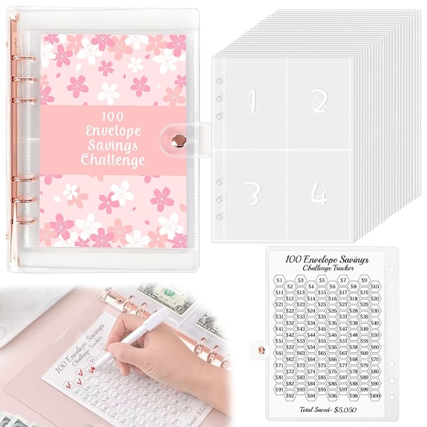 100 Envelope Save Money Challenge Binder, Save Money Binder with Laminated $5050 Tracker Sheet & Numbered Pockets