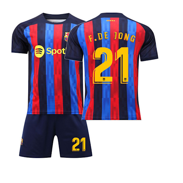 22-23 Barcelona trøje nr. 10 Messi nr. 21 De Jong kortærmet voksen børns sports fodbolduniform holduniform Barcelona home yellow number 21 28