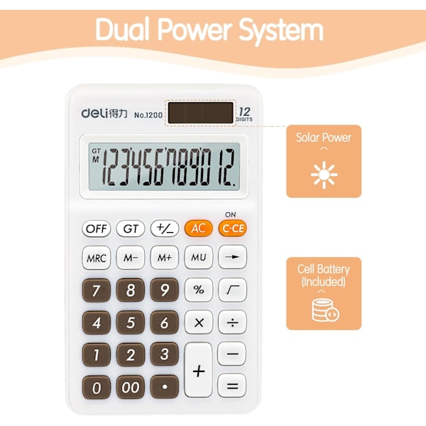 Vakiofunktio Peruslaskin, 12-numeroinen Työpöytälaskin Suurella LCD-näytöllä, Aurinko- ja Paristokäyttöinen Toimistolasken, Valkoinen