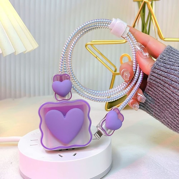 18W 20W Hjärtformad Skyddande Datakabel USB-Laddare Linje Hörlurskabelskydd Organizer Kompatibel med iPhone 11 12 13 14 15 Pro Max (Love Purple)