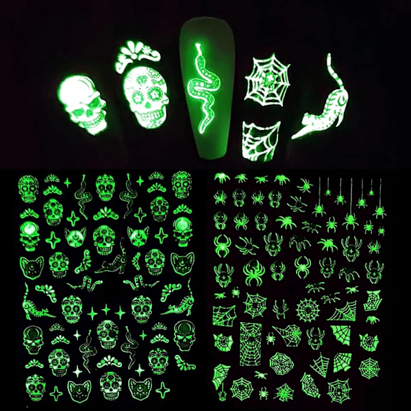 6 Lysande Svarta och Vita Halloween Nageldekaler, Glow in the Dark