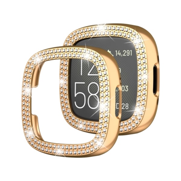 For Fitbit Versa 4 kaksoisrivinen timantti kiinteä väri sähköpinnoitettu kotelo kello Rose Gold