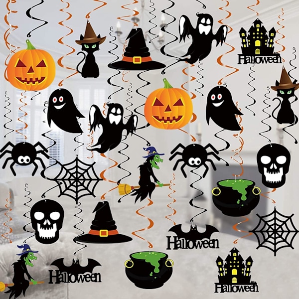 Halloween-koristeet riippuvina pyörteinä - 12 kpl riippuvaa Halloween-kattovirtaa - Suurikokoinen haamu, kurpitsa, noidat pyörteissä