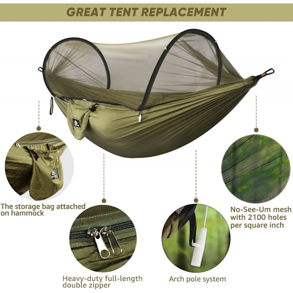 Ultralight Travel Hammock Mosquito Net Hammock | Kantavuus 300 kg, hengittävä nylon | Mukana 2 korkealaatuista karabiinia, 2 nylo Army Green