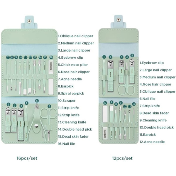 Nagelklippare bärbar set - Manikyrset i rostfritt stål Nagelklippare set med hopfällbar väska Manikyrskärare kit (16 st/set, grön)
