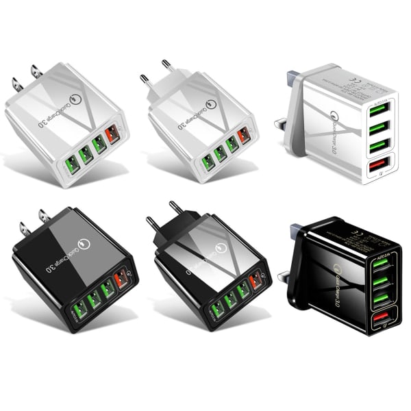 Svart 33W USB-laddare QC 3.0 4-portars USB-laddare Multipel USB-laddare Kompatibel med iPhone 12/13/11/Samsung S22/S21/S20/Xiaomi/Huawei/OPPO/OnePlus et