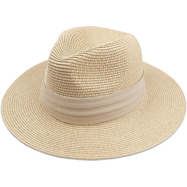 Damer Straw Panama Hat Fedora Strand Solhatt Bred Brätte Straw Rullbar Hatt UPF 50+ Bånd Beige Band Beige One Size