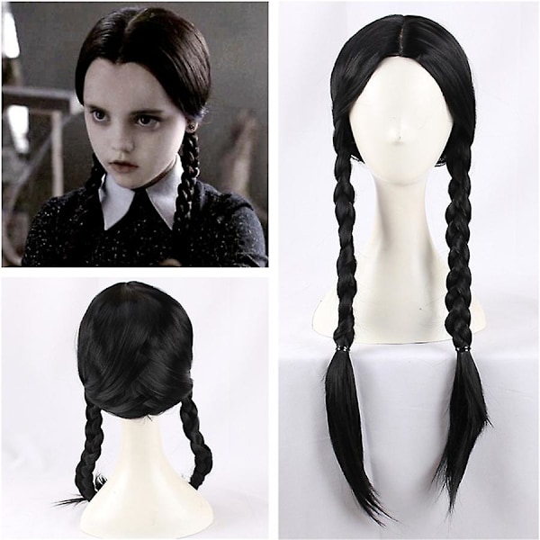 Wednesday Addams Wig with Wig Cap Black Wigs for Wednesday Costume Long Black Braided Wig Braided Wigs for Addams Party