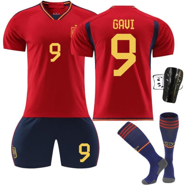 22-23 Spanien hjemme rød nr. 9 Gavi 7 Morata 10 Pedri 17 Fati VM fodboldsæt 10 Pedri,socks + protective gear #XS