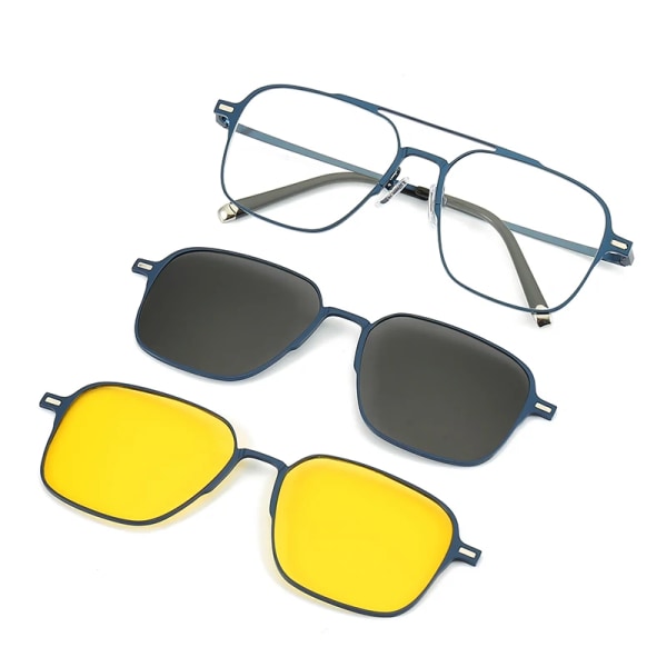 Metalliska rostfria glasögonbågar Magnet Clip On Solglasögon TAC Polariserad Anti Blått Ljus Glasögon Optiska Glasögon C4 Silver Square