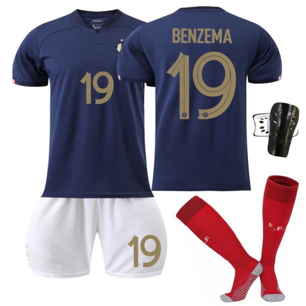 2022 Frankrike VM nr 10 Mbappe 19 Benzema 11 Dembele 9 Giroud tröja fotbollströja för barn No. 19 with socks + protective gear #16