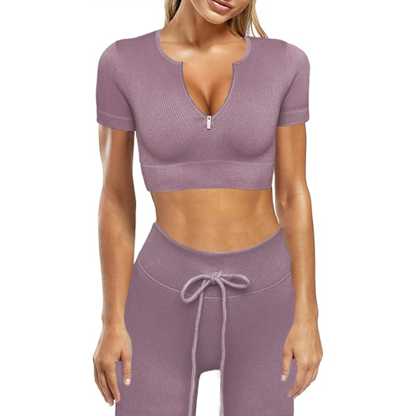 JANPRINT Gym Set Dam 2-delat träningsset Ribbad långärmad topp Hög midja Leggings Aktivkläder Gym vi A-lila Medium