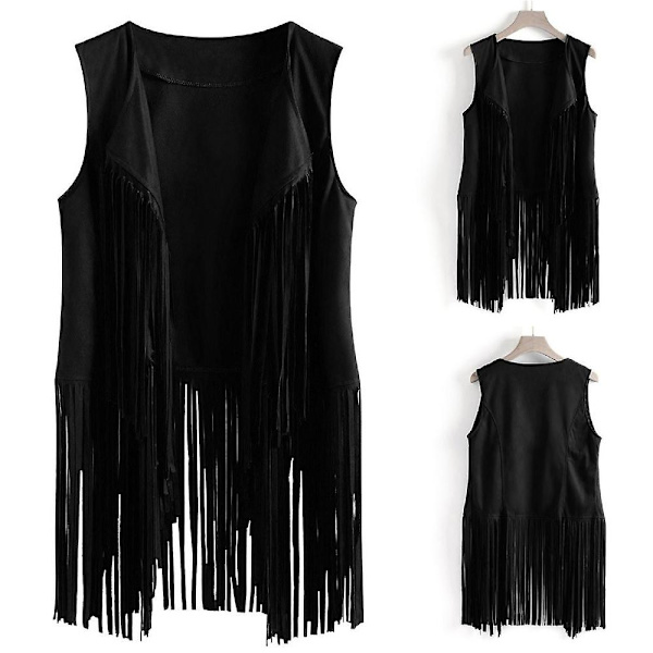 1970'ernes Kvinde Tassel Ærmeløs Vest 70'er Retro Hippie Kunstlæder Frynser Jakke Cardigan Sort Black L