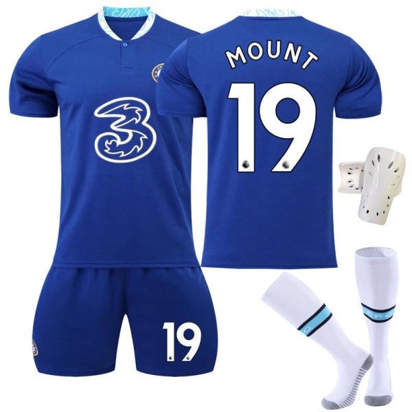 22-23 Chelsea hemma nr 9 Aubameyang 7 Kante 10 Pulisic fotbollsuniform set 19 Mount jersey No. 19 with socks + protective gear #22