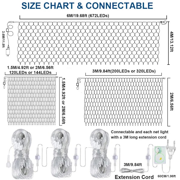120-672 LED Net Mesh Fairy String Lights Utomhus Juldekorasjon 8 Moduser Vanntett Bryllupsfest Lys EU/UK/AU Plugg Clear