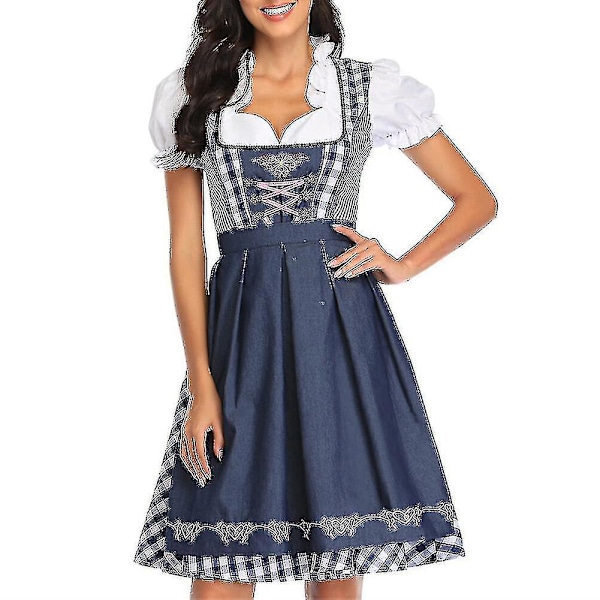 New Ladies Dirndl Bavarian Women's Traditional Dress Beer Girl Dress Blouse Apron Navy Blue