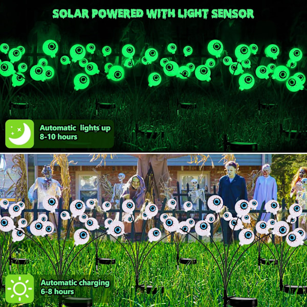 Solcelled Halloween-lys, 2 pakker i alt 12 LED grønne Halloween øjenlys, 2 tilstande, svingende ildflugt Halloween stilys, græsplænedekoration 12 LEDs in box, green
