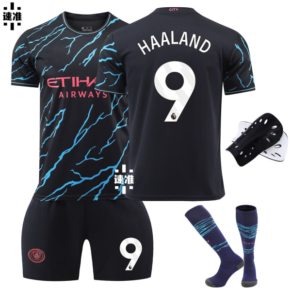 23-24 Manchester City 2. vieraspeliasu, nro 9 Haaland pelipaita setti 17 De Bruyne 47 Foden versio Size 10 socks L