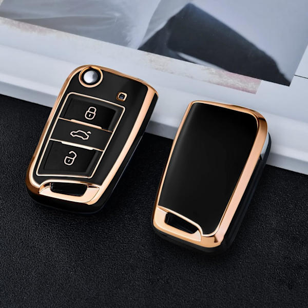 Nøkkeldeksel for VW Golf 7 Nøkkelboks/Nøkkeletui for VW, Polo, Skoda, Seat, 3 knapper Golden Edge Black