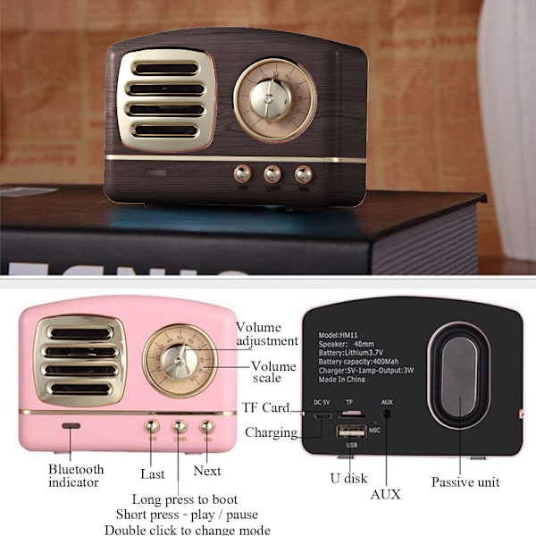 Bærbar Bluetooth Retro Højttaler, Trådløs Mini Retro Højttaler, Rig Bas, Stereo, Indbygget Mikrofon Træ Korn Farve