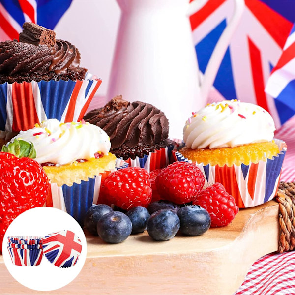 e Blue Union Jack Cupcake Liners, 100stk Mini Kings Coronation Baking Cups, Små Papir Muffinskopper Cupcake Liners Muffinskopper for King Charles Coro Aug