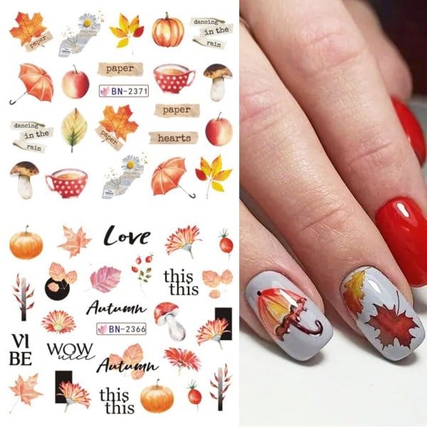 Vaahteranlehti Nail Art -tarrat, syksyn kynsien koristelu, vedensiirto syksyn lehdet, kurpitsa, kettu, pöllö, 1 arkki