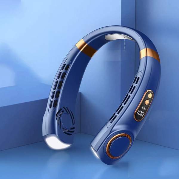 2024 Bärbar Lyx Mini USB Uppladdningsbar Upphängning Halskylning Blad Halsfri fläkt Sportupphängd halsfläkt med nattljus Blue
