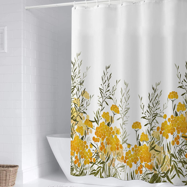 Gul Plante Stof Bruseforhæng, Bruseforhæng Badeværelse, Vandtæt Hurtigtør Polyester Stof 72\" B x 72\" L med Kroge