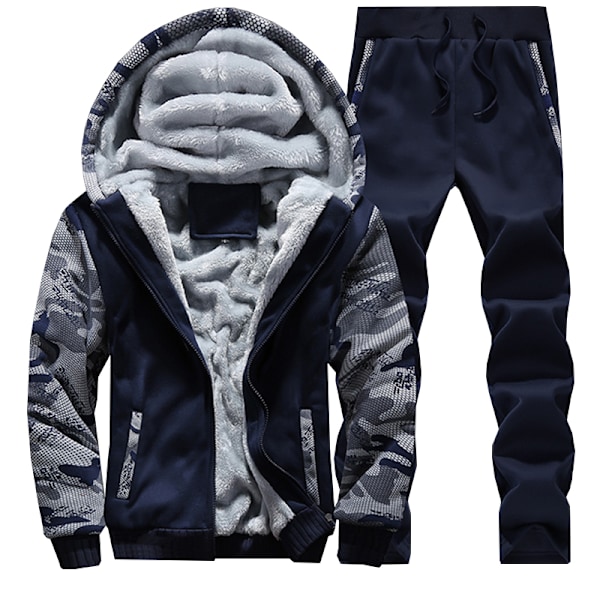 Män's Fleece Tracksuit Set Sport Huvtröja Topp Byxor Svart Black XL