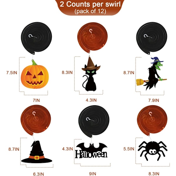 Halloween-koristeet riippuvina pyörteinä - 12 kpl riippuvaa Halloween-kattovirtaa - Suurikokoinen haamu, kurpitsa, noidat pyörteissä
