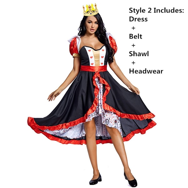 Barn & Vuxen Hjärtans Drottning Alice i Underlandet Kostym Poker Drottning Rollspel Halloween Maskerad Kostym Sexig Klänning med Huvudbonad L-WELLNGS L