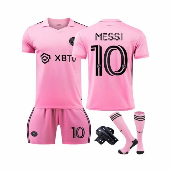 (Pink, 24(8-9 år gammel) Inter Miami Kid Messi Fodboldsæt Strip Jersey træningsoveralls Fodboldsæt T-shirt+shorts+strømper Pink Pink 24(8-9 Years)